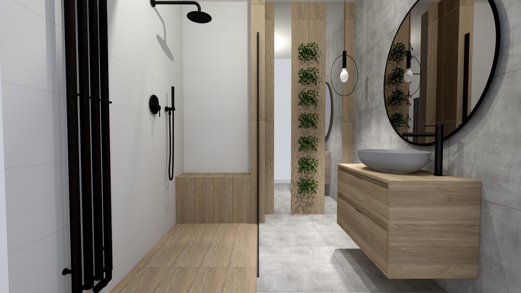 Kombinace v bílé, šedé a barvě dřeva